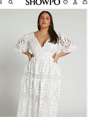 Showpo White Lace Midi Dress with Puff Sleeves